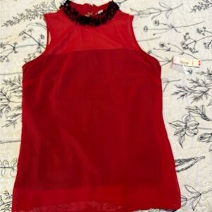 Worthington Red Sleeveless Blouse with Black Sequin and Bead Neckline